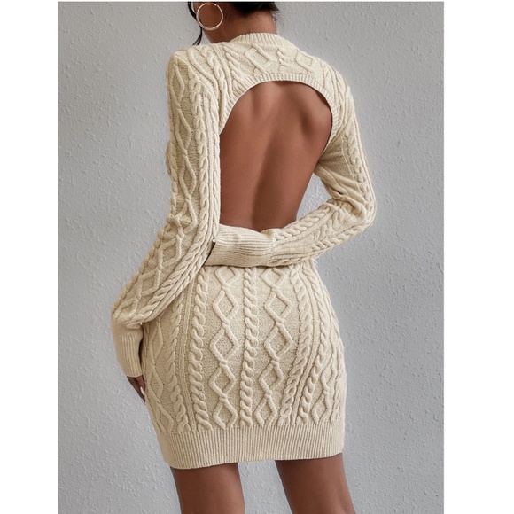 Rouge! Dresses & Skirts - Beige Sweater Dress Cable Knit Backless Round Neck Long Sleeve Short